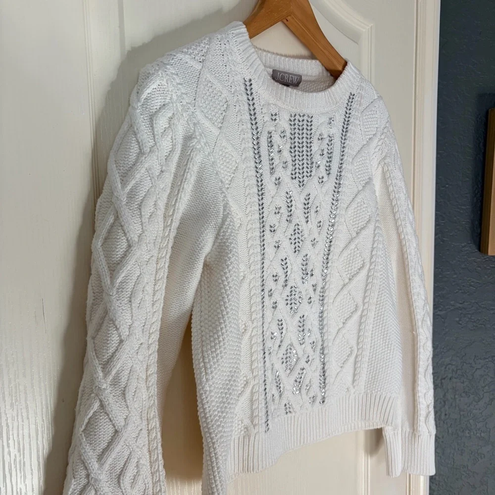 J. Crew White Cable Knit Crystal Embellishments Sweater Top, Large